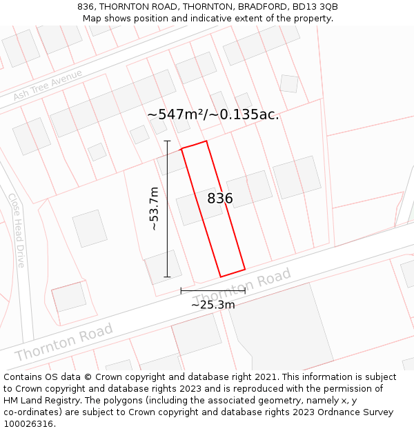 836, THORNTON ROAD, THORNTON, BRADFORD, BD13 3QB: Plot and title map
