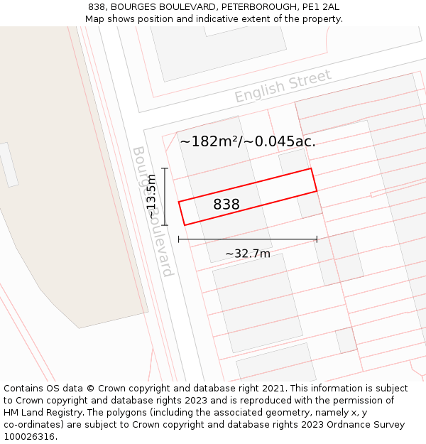 838, BOURGES BOULEVARD, PETERBOROUGH, PE1 2AL: Plot and title map