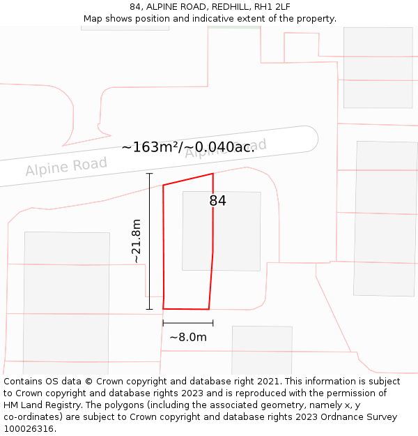 84, ALPINE ROAD, REDHILL, RH1 2LF: Plot and title map