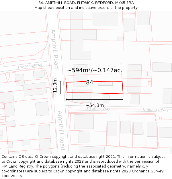 84, AMPTHILL ROAD, FLITWICK, BEDFORD, MK45 1BA: Plot and title map