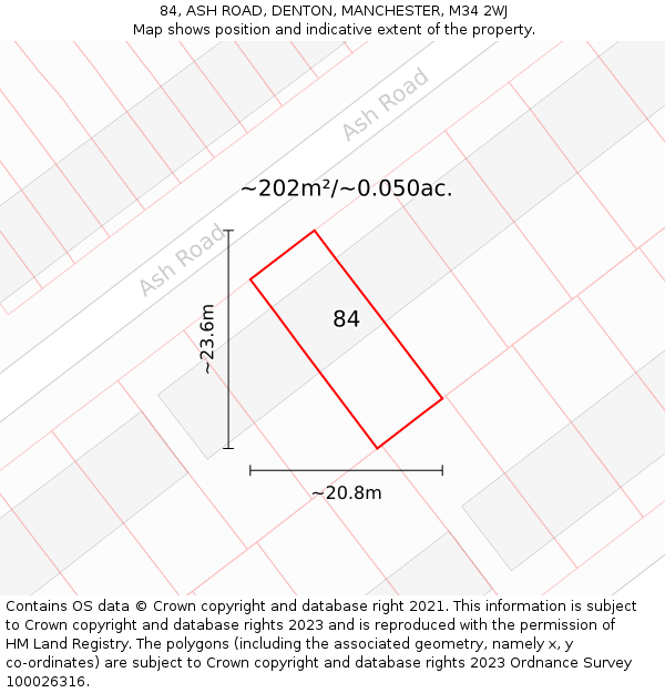 84, ASH ROAD, DENTON, MANCHESTER, M34 2WJ: Plot and title map