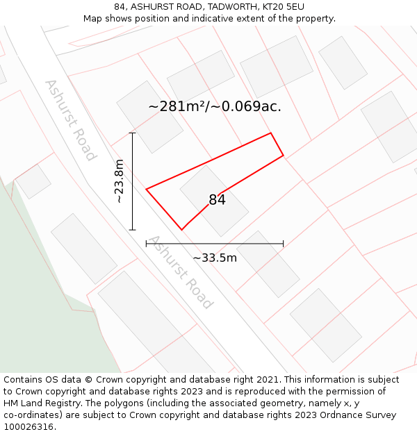 84, ASHURST ROAD, TADWORTH, KT20 5EU: Plot and title map