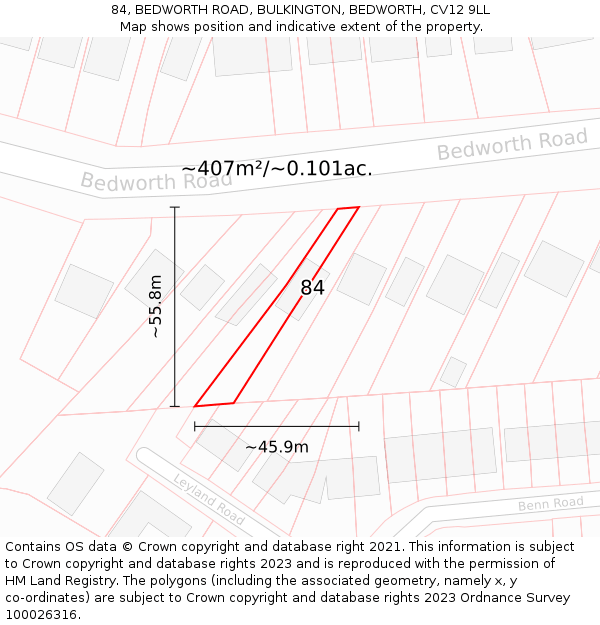 84, BEDWORTH ROAD, BULKINGTON, BEDWORTH, CV12 9LL: Plot and title map
