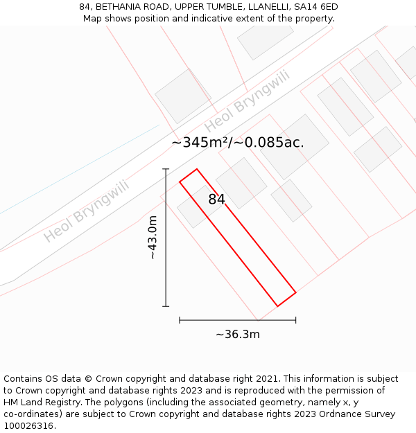 84, BETHANIA ROAD, UPPER TUMBLE, LLANELLI, SA14 6ED: Plot and title map