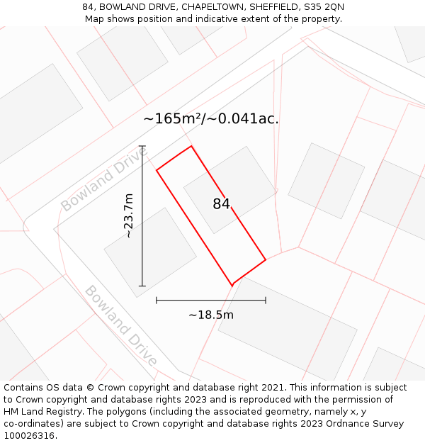 84, BOWLAND DRIVE, CHAPELTOWN, SHEFFIELD, S35 2QN: Plot and title map