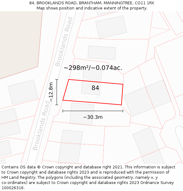 84, BROOKLANDS ROAD, BRANTHAM, MANNINGTREE, CO11 1RX: Plot and title map