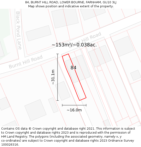 84, BURNT HILL ROAD, LOWER BOURNE, FARNHAM, GU10 3LJ: Plot and title map