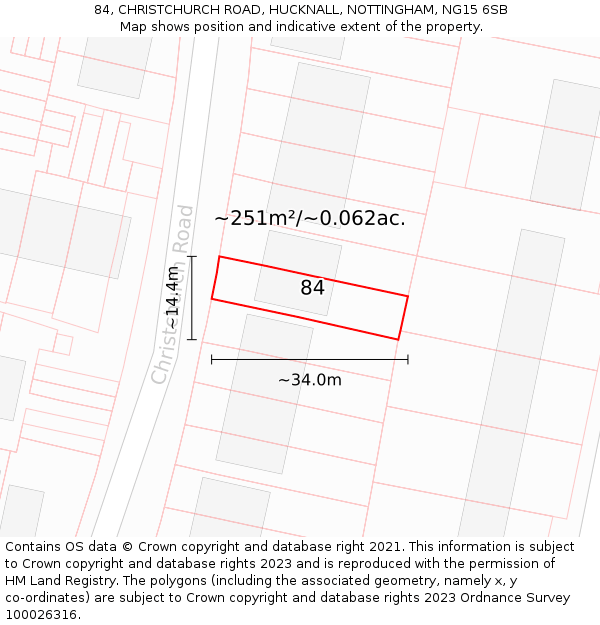 84, CHRISTCHURCH ROAD, HUCKNALL, NOTTINGHAM, NG15 6SB: Plot and title map
