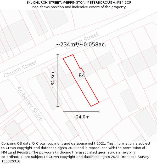 84, CHURCH STREET, WERRINGTON, PETERBOROUGH, PE4 6QF: Plot and title map