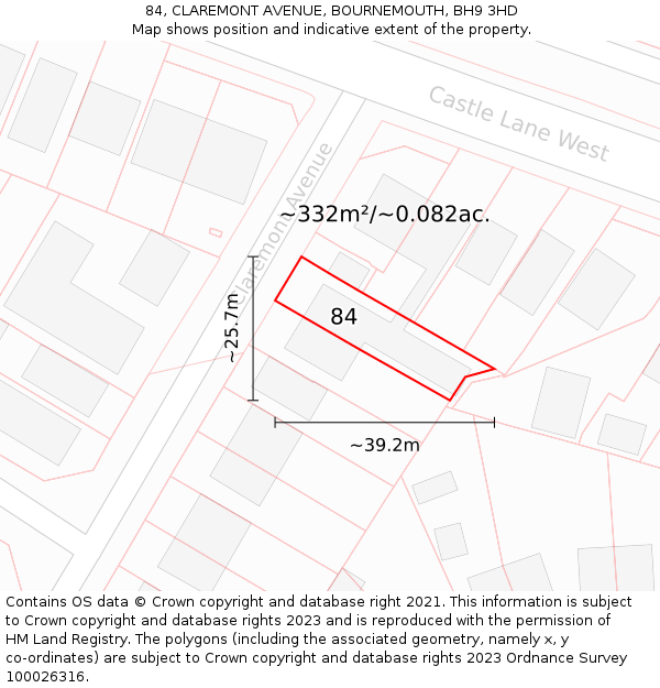 84, CLAREMONT AVENUE, BOURNEMOUTH, BH9 3HD: Plot and title map