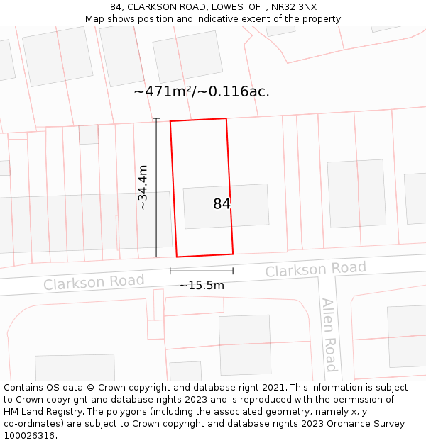 84, CLARKSON ROAD, LOWESTOFT, NR32 3NX: Plot and title map