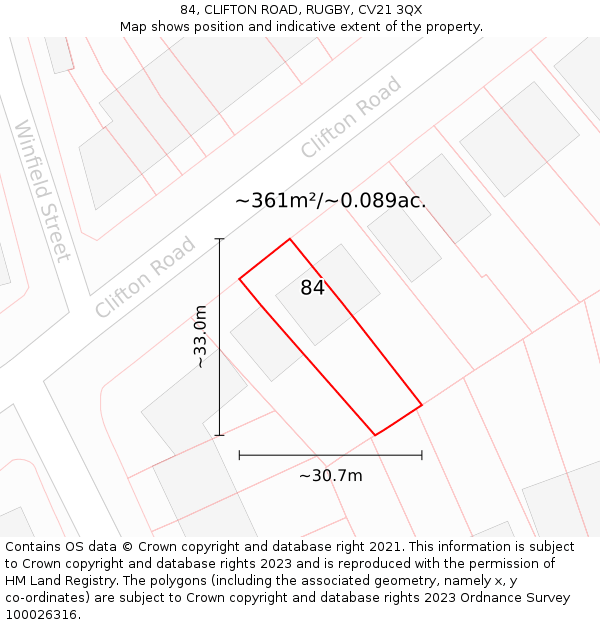 84, CLIFTON ROAD, RUGBY, CV21 3QX: Plot and title map