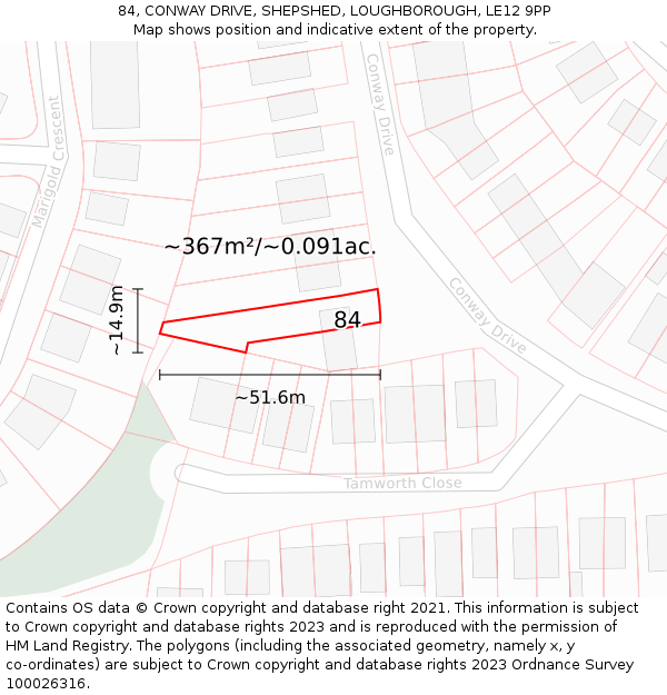 84, CONWAY DRIVE, SHEPSHED, LOUGHBOROUGH, LE12 9PP: Plot and title map