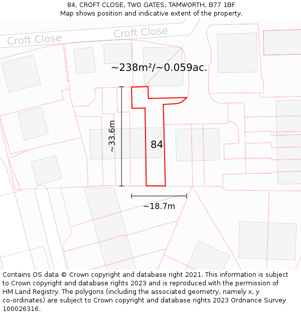 84, CROFT CLOSE, TWO GATES, TAMWORTH, B77 1BF: Plot and title map