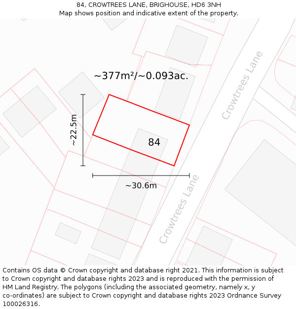 84, CROWTREES LANE, BRIGHOUSE, HD6 3NH: Plot and title map