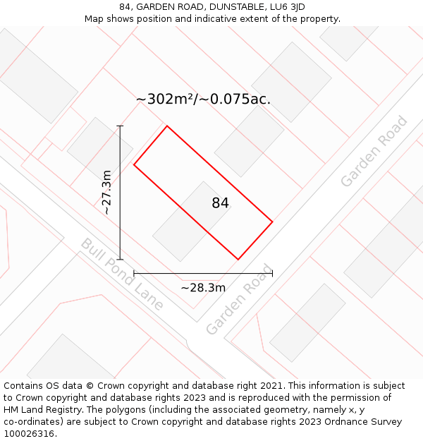84, GARDEN ROAD, DUNSTABLE, LU6 3JD: Plot and title map