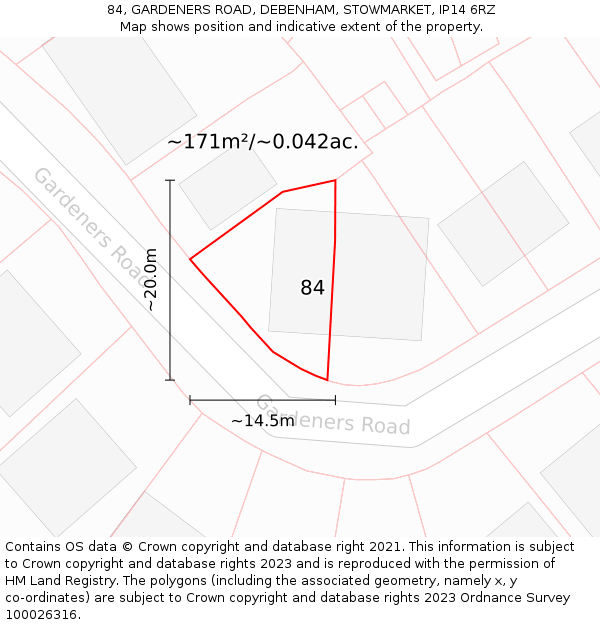 84, GARDENERS ROAD, DEBENHAM, STOWMARKET, IP14 6RZ: Plot and title map