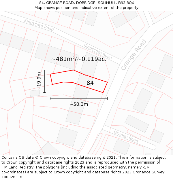 84, GRANGE ROAD, DORRIDGE, SOLIHULL, B93 8QX: Plot and title map