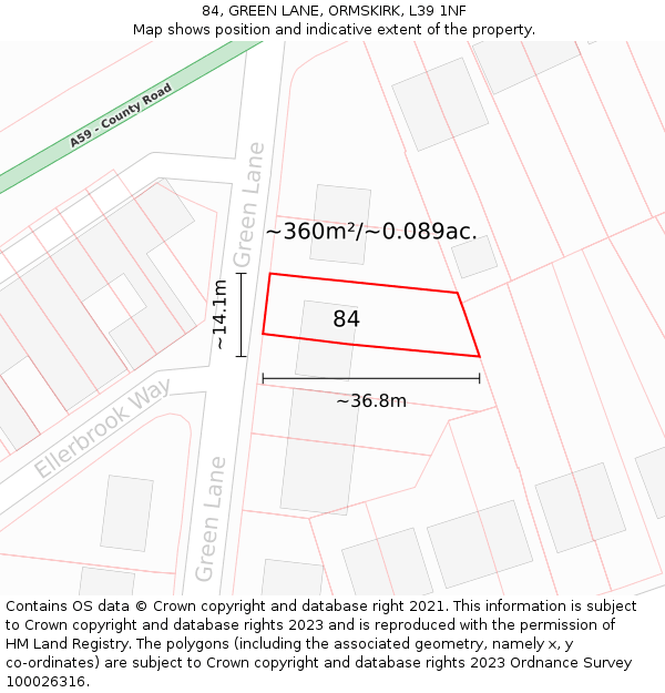 84, GREEN LANE, ORMSKIRK, L39 1NF: Plot and title map