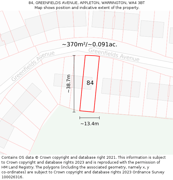 84, GREENFIELDS AVENUE, APPLETON, WARRINGTON, WA4 3BT: Plot and title map