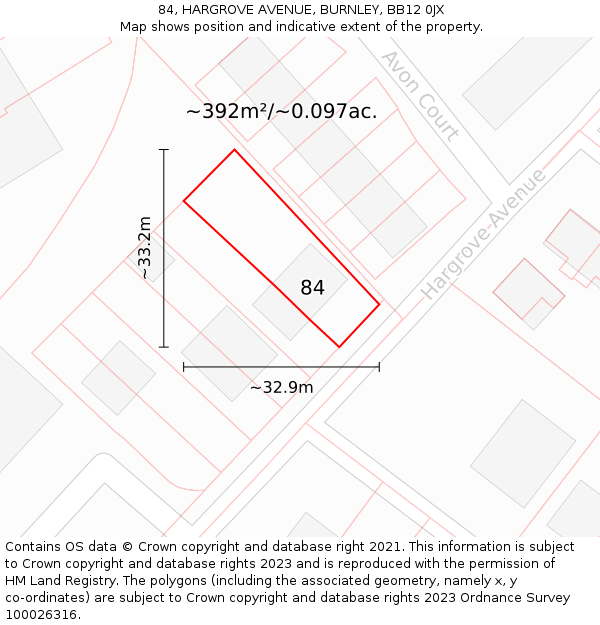 84, HARGROVE AVENUE, BURNLEY, BB12 0JX: Plot and title map