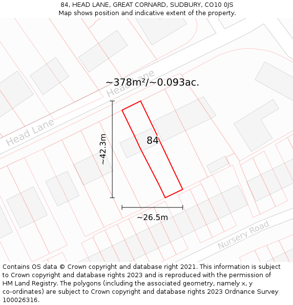 84, HEAD LANE, GREAT CORNARD, SUDBURY, CO10 0JS: Plot and title map