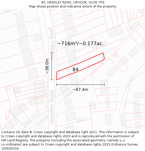 84, HEADLEY ROAD, LIPHOOK, GU30 7PS: Plot and title map