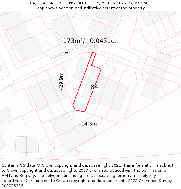 84, HEXHAM GARDENS, BLETCHLEY, MILTON KEYNES, MK3 5EU: Plot and title map