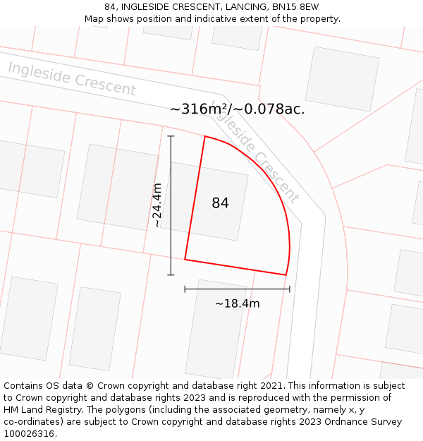 84, INGLESIDE CRESCENT, LANCING, BN15 8EW: Plot and title map