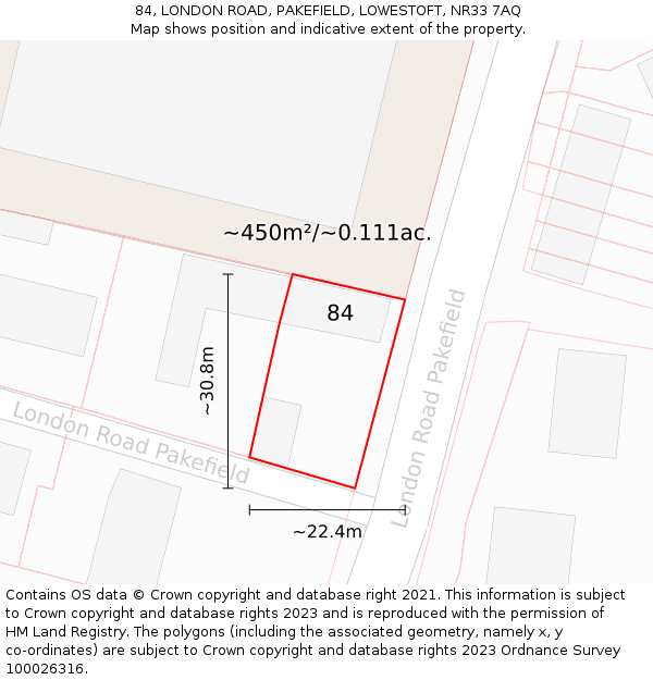 84, LONDON ROAD, PAKEFIELD, LOWESTOFT, NR33 7AQ: Plot and title map
