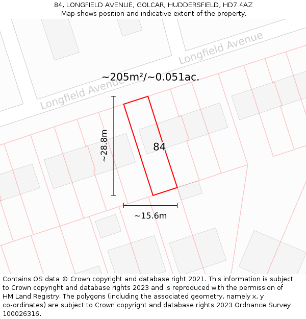 84, LONGFIELD AVENUE, GOLCAR, HUDDERSFIELD, HD7 4AZ: Plot and title map