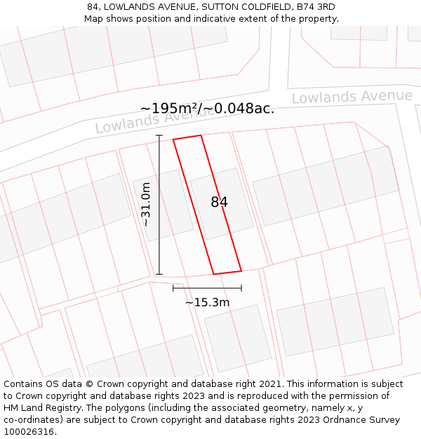 84, LOWLANDS AVENUE, SUTTON COLDFIELD, B74 3RD: Plot and title map