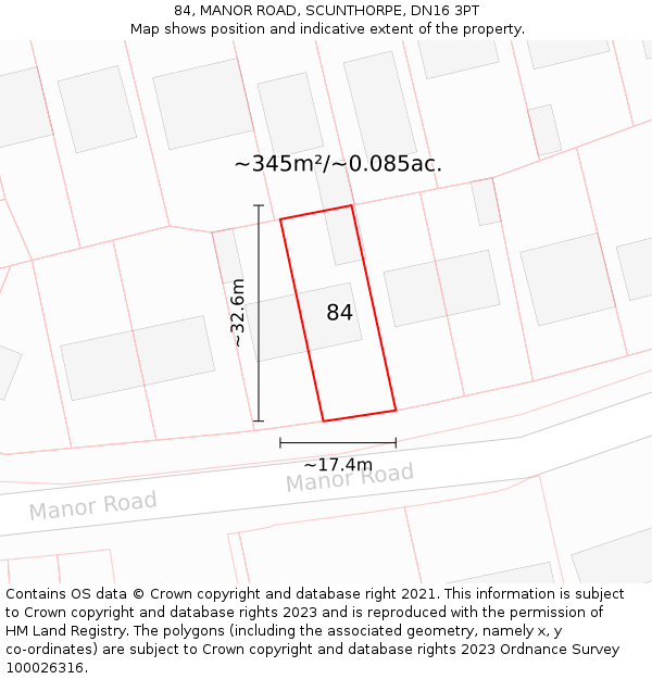 84, MANOR ROAD, SCUNTHORPE, DN16 3PT: Plot and title map