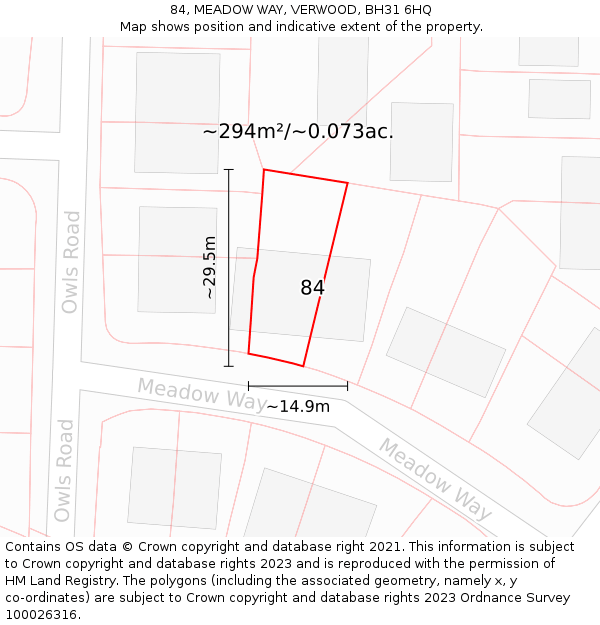 84, MEADOW WAY, VERWOOD, BH31 6HQ: Plot and title map