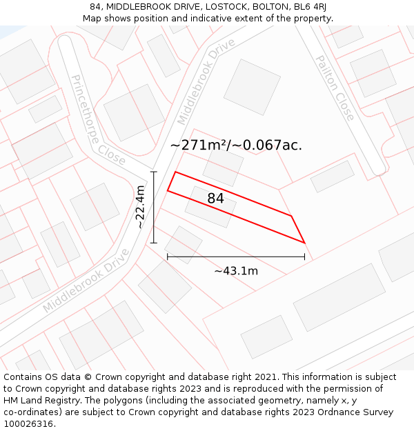 84, MIDDLEBROOK DRIVE, LOSTOCK, BOLTON, BL6 4RJ: Plot and title map