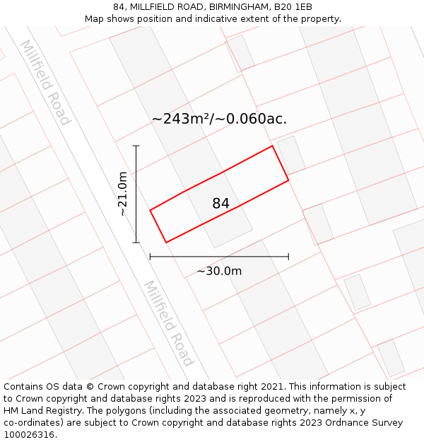 84, MILLFIELD ROAD, BIRMINGHAM, B20 1EB: Plot and title map