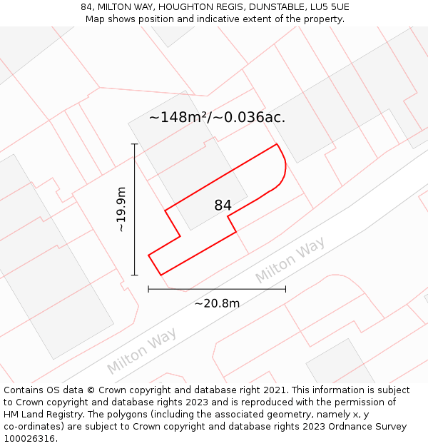 84, MILTON WAY, HOUGHTON REGIS, DUNSTABLE, LU5 5UE: Plot and title map