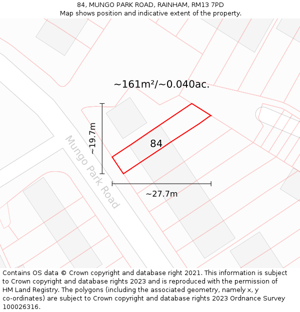 84, MUNGO PARK ROAD, RAINHAM, RM13 7PD: Plot and title map