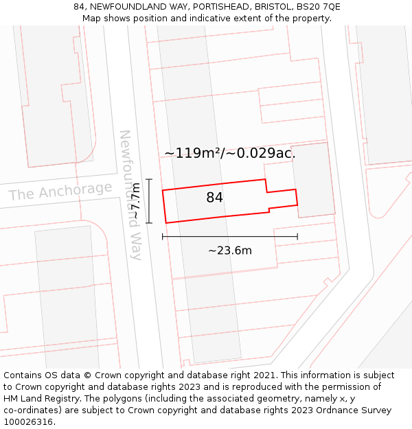 84, NEWFOUNDLAND WAY, PORTISHEAD, BRISTOL, BS20 7QE: Plot and title map