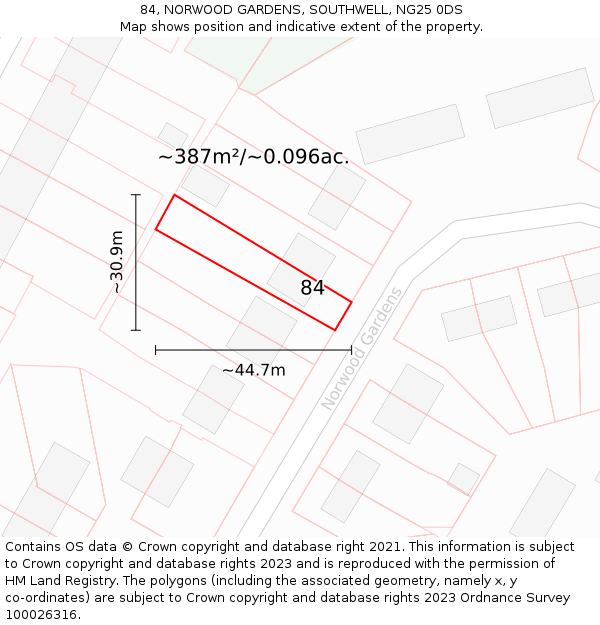 84, NORWOOD GARDENS, SOUTHWELL, NG25 0DS: Plot and title map