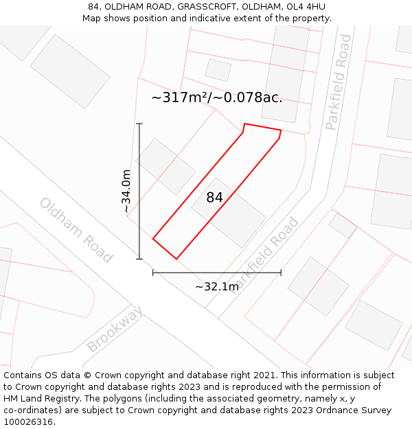 84, OLDHAM ROAD, GRASSCROFT, OLDHAM, OL4 4HU: Plot and title map