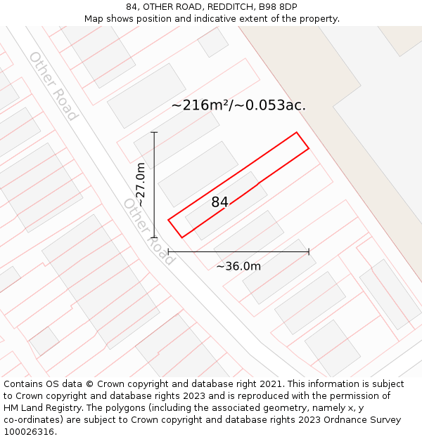 84, OTHER ROAD, REDDITCH, B98 8DP: Plot and title map