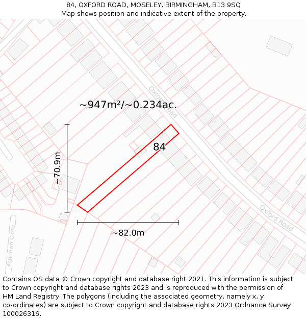 84, OXFORD ROAD, MOSELEY, BIRMINGHAM, B13 9SQ: Plot and title map