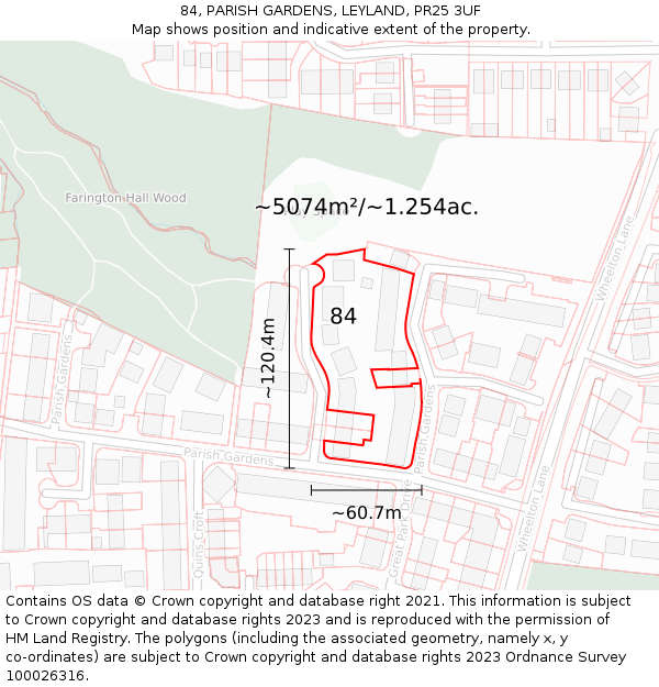 84, PARISH GARDENS, LEYLAND, PR25 3UF: Plot and title map