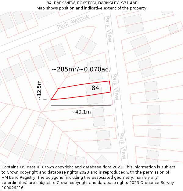 84, PARK VIEW, ROYSTON, BARNSLEY, S71 4AF: Plot and title map