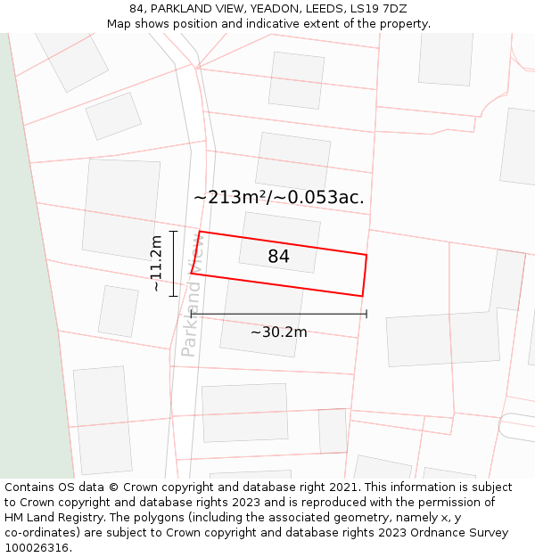 84, PARKLAND VIEW, YEADON, LEEDS, LS19 7DZ: Plot and title map