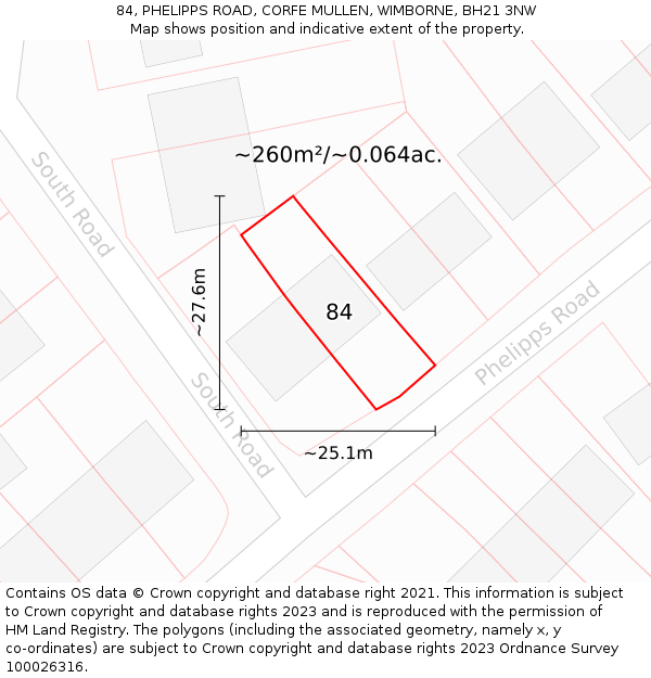 84, PHELIPPS ROAD, CORFE MULLEN, WIMBORNE, BH21 3NW: Plot and title map