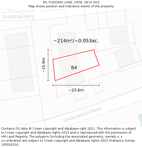 84, PUDDING LANE, HYDE, SK14 3HZ: Plot and title map