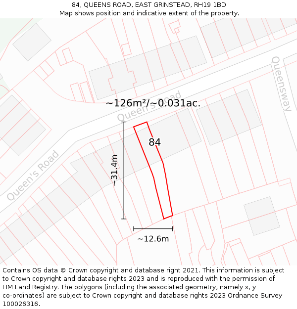 84, QUEENS ROAD, EAST GRINSTEAD, RH19 1BD: Plot and title map