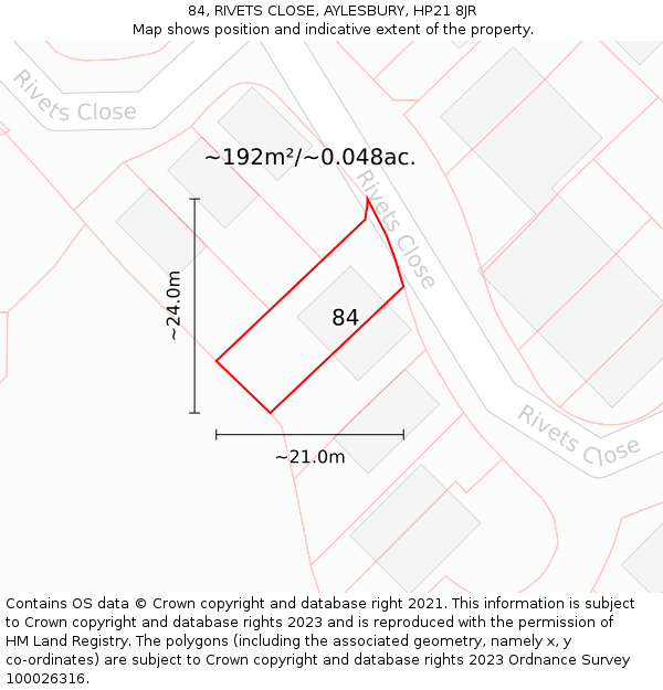 84, RIVETS CLOSE, AYLESBURY, HP21 8JR: Plot and title map
